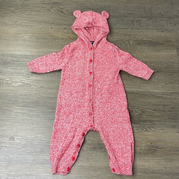 Gap Baby Red Heathered Hooded Bear Ears Winter Knit Romper Size 6-9 Months - Picture 1 of 6